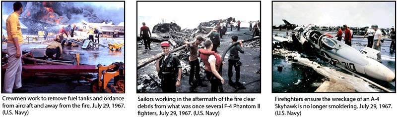 Three photos: first photo is of crewmen working to remove fuel tanks and ordnance from aircraft and away from the fire, July 29, 1967; second is of sailors working in the aftermath of the fire clear debris from what was once several F-4 Phantom II fighters, July 29, 1967; third is of firefighters ensuring the wreckage of an A-4 Skyhawk is no longer smoldering, July 29, 1967.  